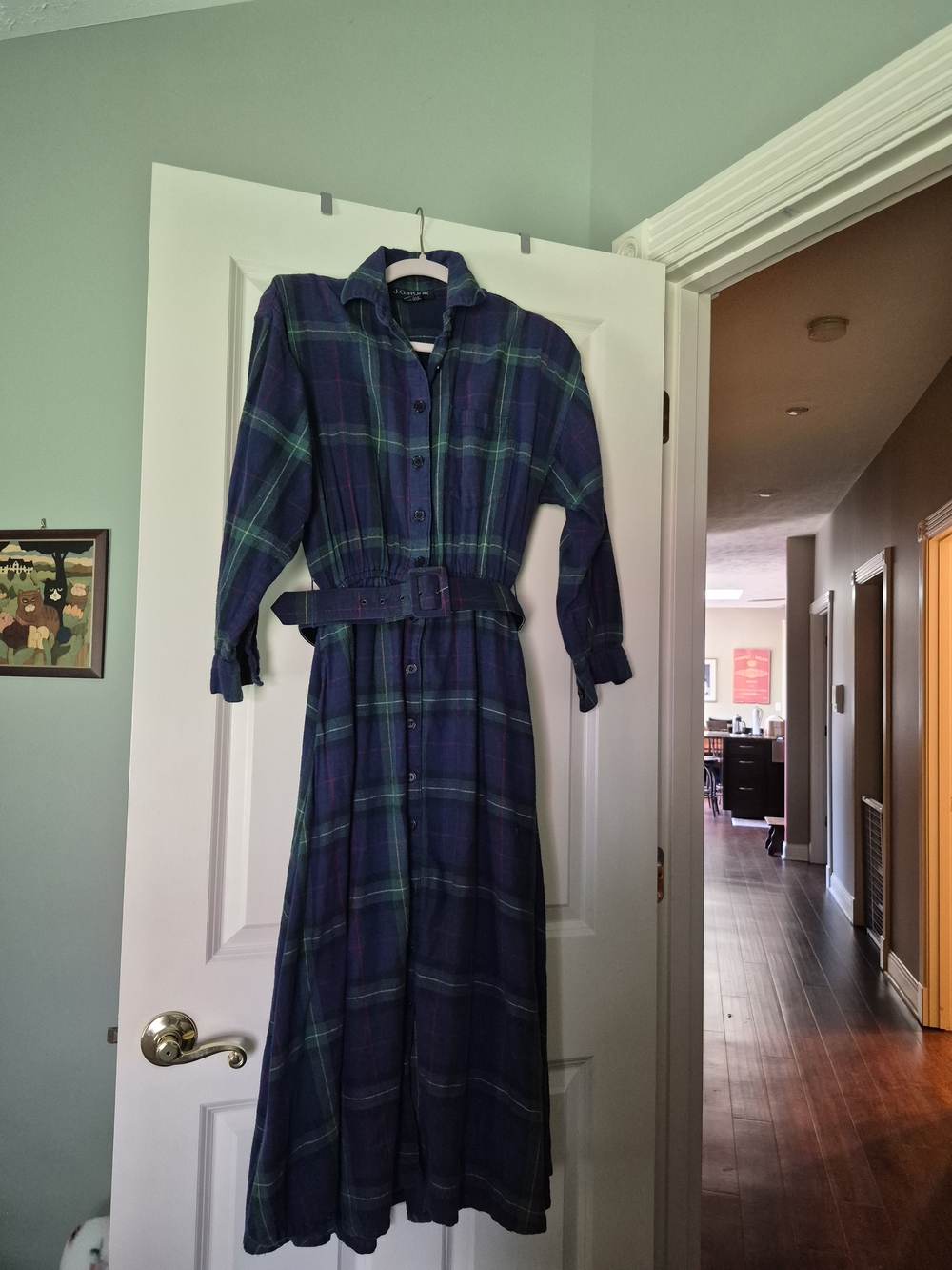 Blue Green Plaid Button-Front Maxi Dress with Belt